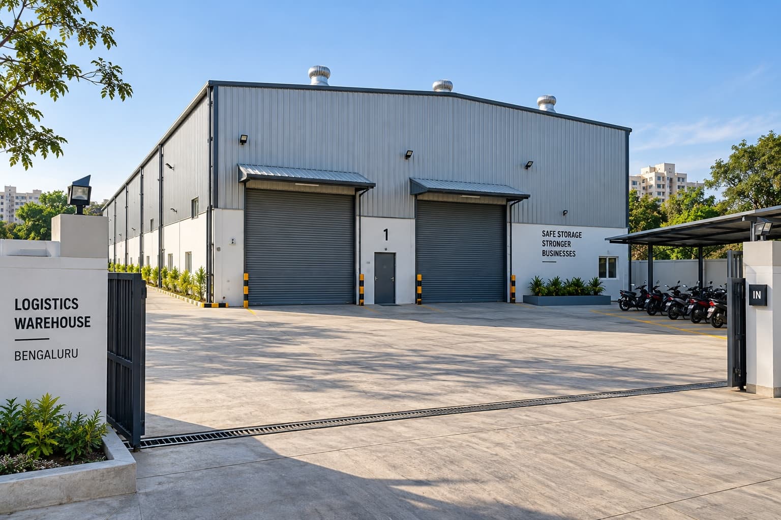 Completed logistics warehouse gate entrance in Bangalore, built by PayPerSqft