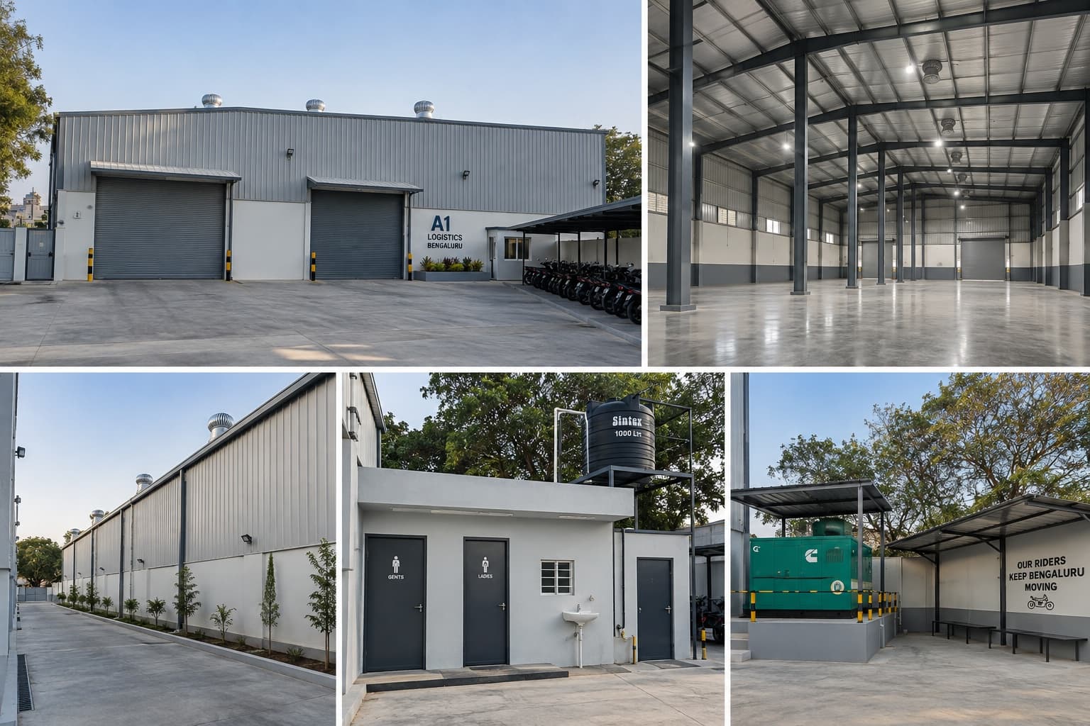 Completed warehouse facade, interior structure, toilet block, and utilities in Bangalore, built by PayPerSqft